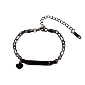 Black plated stainless steel Figaro bracelet with heart charm and engravable bar plate