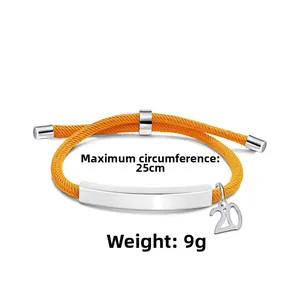 Adjustable orange braided rope bracelet with number 20 stainless steel charm