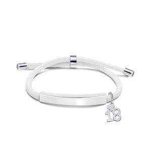 White woven bracelet with silver metal bar and number 18 heart charm for women