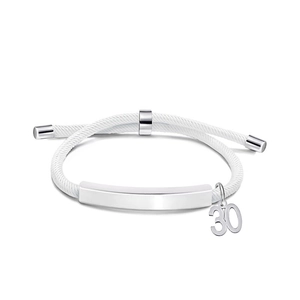 Detail of white braided cord bracelet with polished silver rectangle bar and number 30 charm