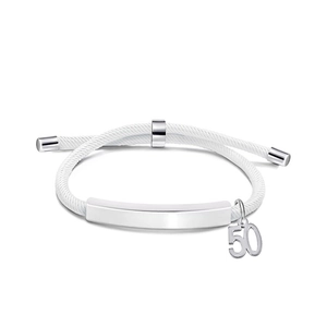 Close-up of white woven rope bracelet with polished silver bar and 50 charm