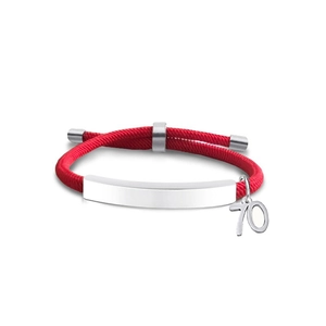 Macro detail of red woven bracelet featuring silver curved plate and number 70 charm