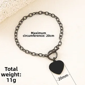 Black stainless steel heart pendant bracelet with OT toggle clasp and chunky chain link