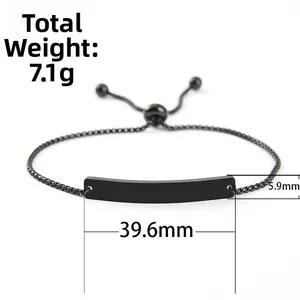 Black stainless steel bar bracelet with adjustable chain for custom engraving