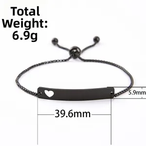 Detail view of adjustable black stainless steel bar bracelet with heart cutout dimensions