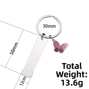 Detailed dimensions of butterfly keychain with 50mm rectangular plate and pink pendant