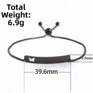 Macro view of adjustable black bracelet showing 39.6mm butterfly cutout metal plate