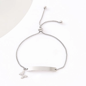 Macro detail of silver box chain bracelet with adjustable slide clasp and metal bar