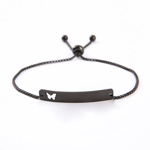 Close-up of black adjustable box chain bracelet with hollow butterfly curved metal bar
