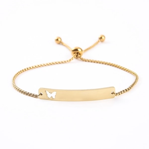 Adjustable gold butterfly hollow metal bar bracelet with drawstring sliding closure