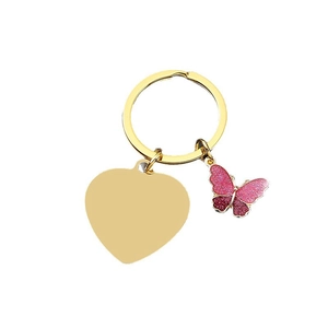 Polished gold stainless steel heart and glittery purple butterfly charm keychain
