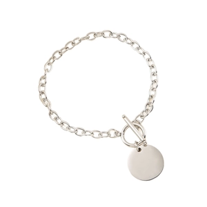 Minimalist silver stainless steel chunky chain bracelet with OT toggle and round charm