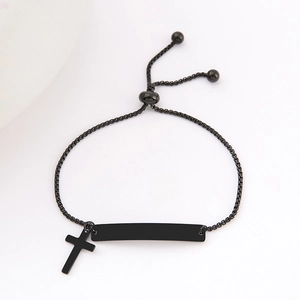 Adjustable black stainless steel bar bracelet with cross pendant and bolo slider closure