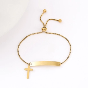Adjustable gold stainless steel box chain bracelet with engraved plate and cross charm