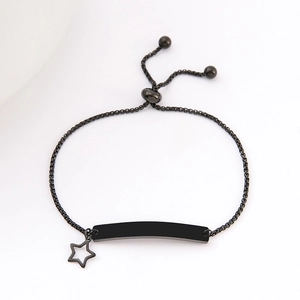 Adjustable black stainless steel bar bracelet with star charm and pull-cord mechanism