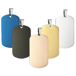Polished stainless steel dog tag necklaces in five metallic colors on a white background