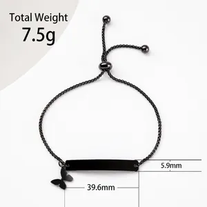 Adjustable stainless steel bar bracelet with butterfly charm in black matte finish