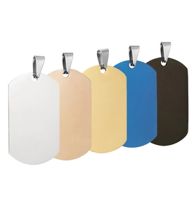 Polished stainless steel ID tags shown in silver, gold, rose gold, blue, and black
