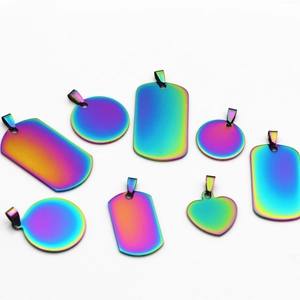 Iridescent stainless steel military tags in rectangular, round and heart shapes with glossy finish