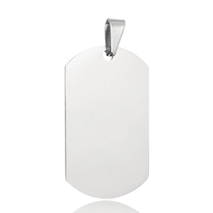 Polished stainless steel military tag pendant with glossy surface on white background