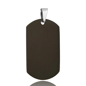 Detail of matte black stainless steel military dog tag pendant with silver metal bail