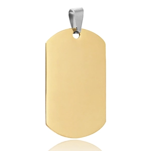 Polished gold stainless steel dog tag pendant with silver bail on white background