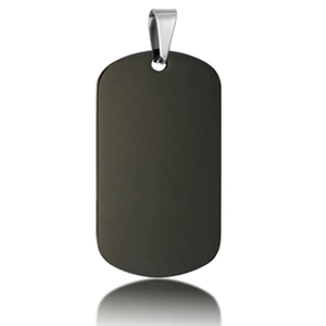 Matte black stainless steel dog tag pendant with silver polished bail on white background