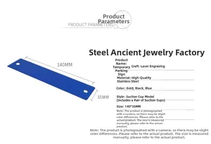Blue stainless steel car parking card detail showing 140x35mm dimensions and suction holes