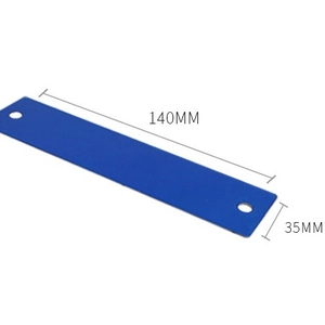 Blue stainless steel car parking card with dual holes measuring 140mm by 35mm