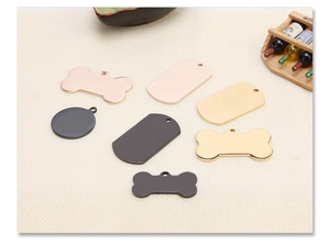 Polished bone-shaped and round stainless steel pet ID tags in four metallic finishes