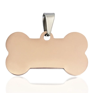 Polished rose gold bone-shaped stainless steel pet ID tag with silver ring attachment