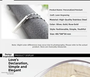 Macro detail of personalized stainless steel bar pendant with smooth laser engraving finish