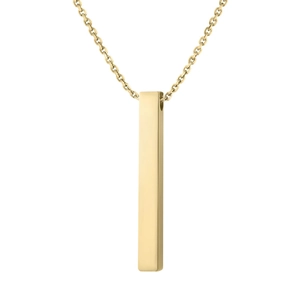 Polished gold vertical cuboid pendant necklace detail showing a high-gloss mirror finish