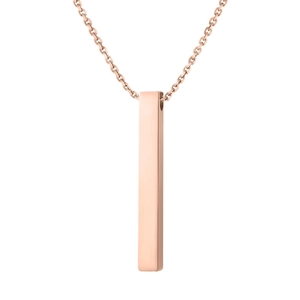 Polished rose gold vertical column bar pendant on a minimalist stainless steel link chain