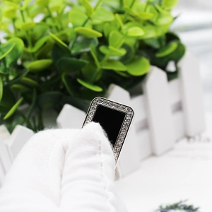 Mini black stainless steel rectangle pendant with clear zircon border and shiny enamel finish