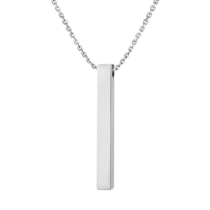 Detailed macro view of polished stainless steel rectangular pillar pendant with cross chain
