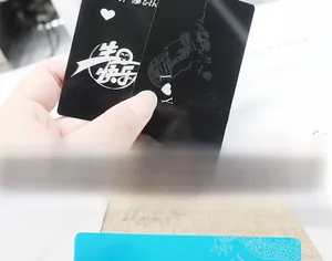 Detail of 0.2mm metal business cards with laser-engraved dragon and heart patterns
