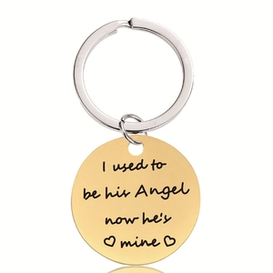Porte-clés en acier doré avec gravure I used to be his Angel now he is mine et pendentif