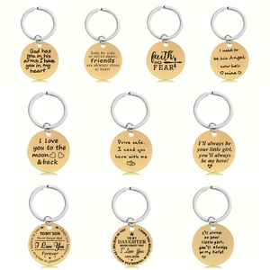 Porte-clés ronds en acier inoxydable doré avec diverses citations gravées en anglais