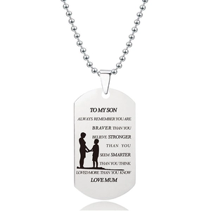 Roestvrijstalen dogtag ketting met moeder en zoon silhouet en lasergravure erop