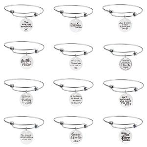 Stainless Steel Expandable Wire Bangle For Women Engraved Inspirational Quote Round Pendant Motivational Bracelet Gift