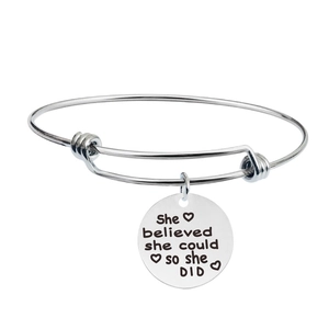 Silver stainless steel inspirational bangle with heart charm and engraved quote