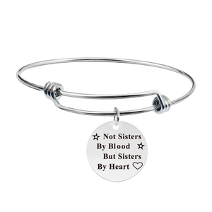 Adjustable stainless steel bangle with engraved Not Sisters By Blood But Sisters By Heart charm