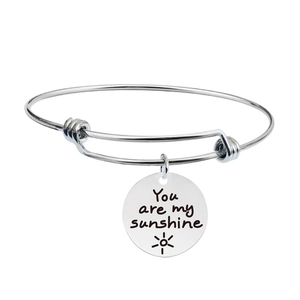 Polished silver stainless steel bangle with You are my sunshine engraved sun charm
