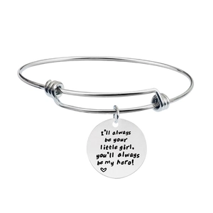 Polished silver stainless steel bangle with engraved heart pendant for daughter and father
