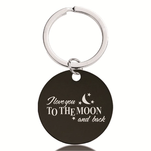 Polished black round stainless steel keychain with I love you to the moon engraving