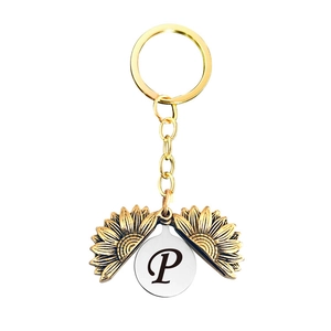 Détail d'un porte-clés tournesol doré s'ouvrant pour révéler une lettre P artistique