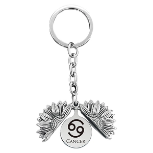 Detail of silver alloy sunflower locket keychain with Cancer zodiac sign engraving