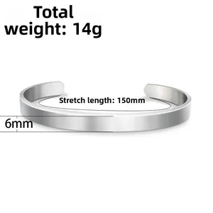 Brushed silver stainless steel open bangle bracelet with 6mm width and 150mm length
