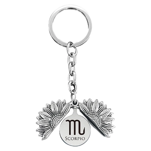 Scorpio sunflower locket keychain showing engraved zodiac sign and scorpio text details